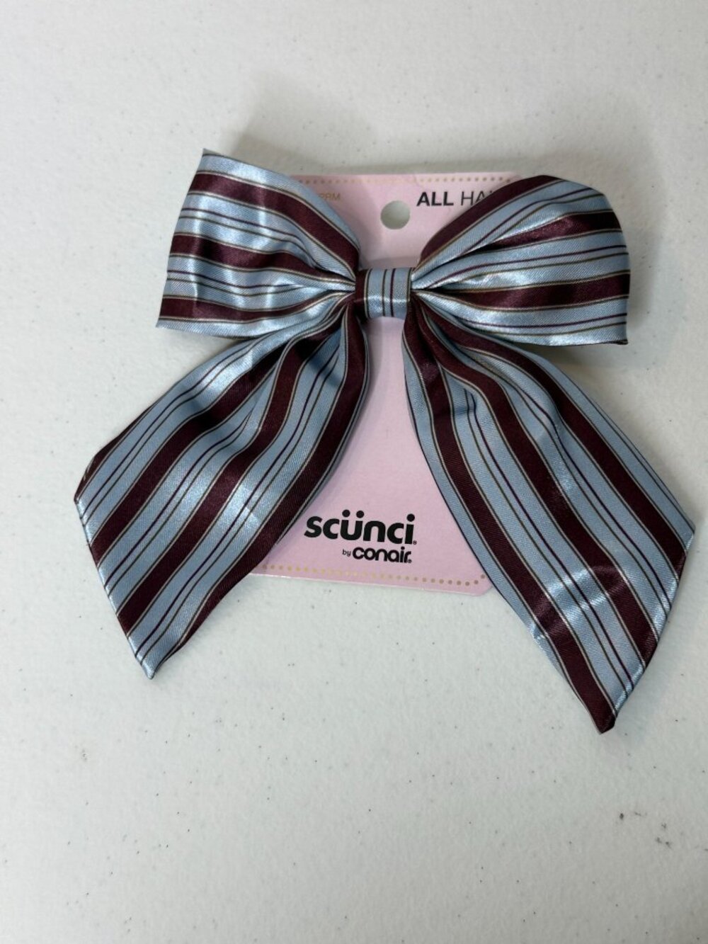 Scunci Blue Burgundy Striped Hair Bow Clip Preppy Coquette